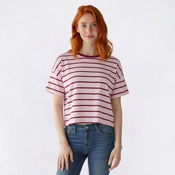 Juniors Pink Rose Short Sleeve Striped Oversized Boxy Tee